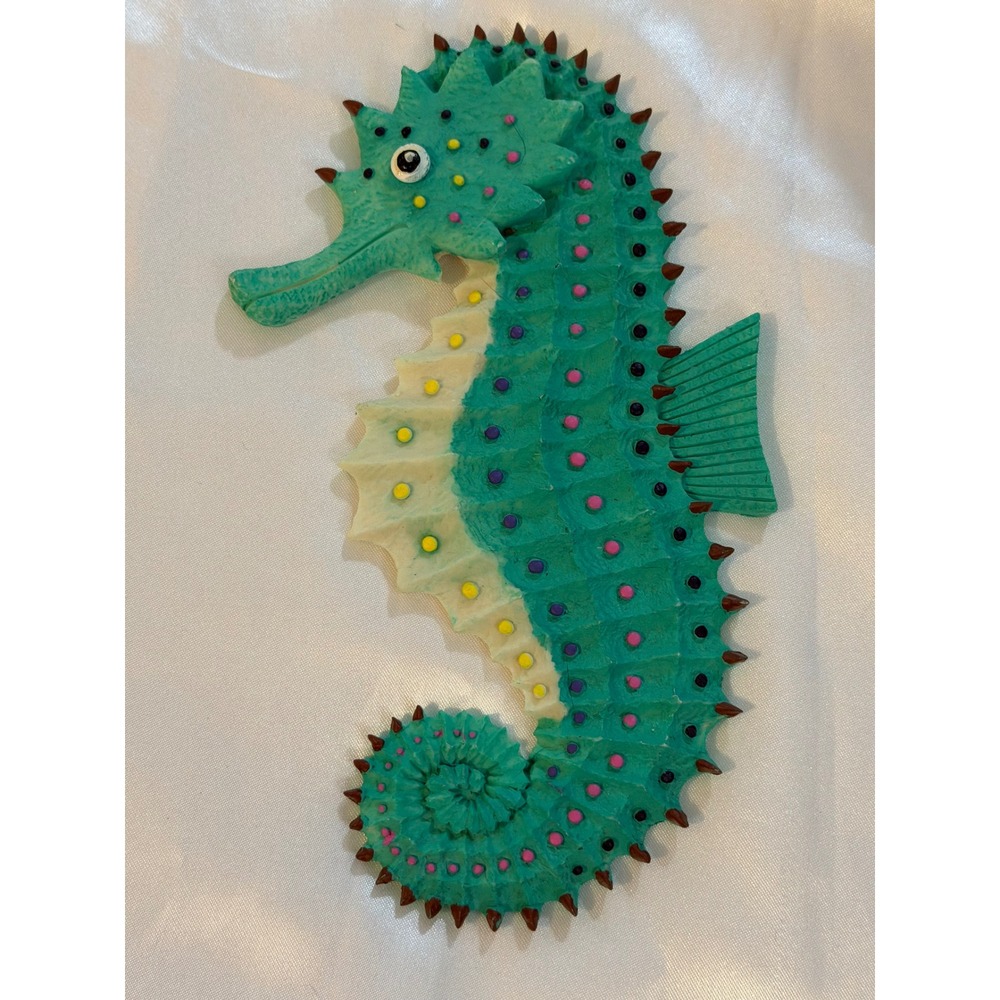 Vintage Seahorse Wall Hanging Plaque Turquoise Pink Polka Dot Coastal Decor 8in